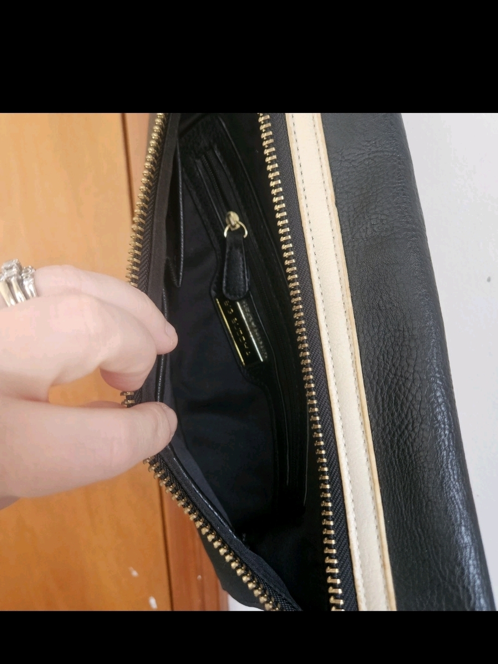 Big Buddha Black Vegan Leather Large Clutch Handbag Gold Ivory Stripe Wristlet - Picture 4 of 8